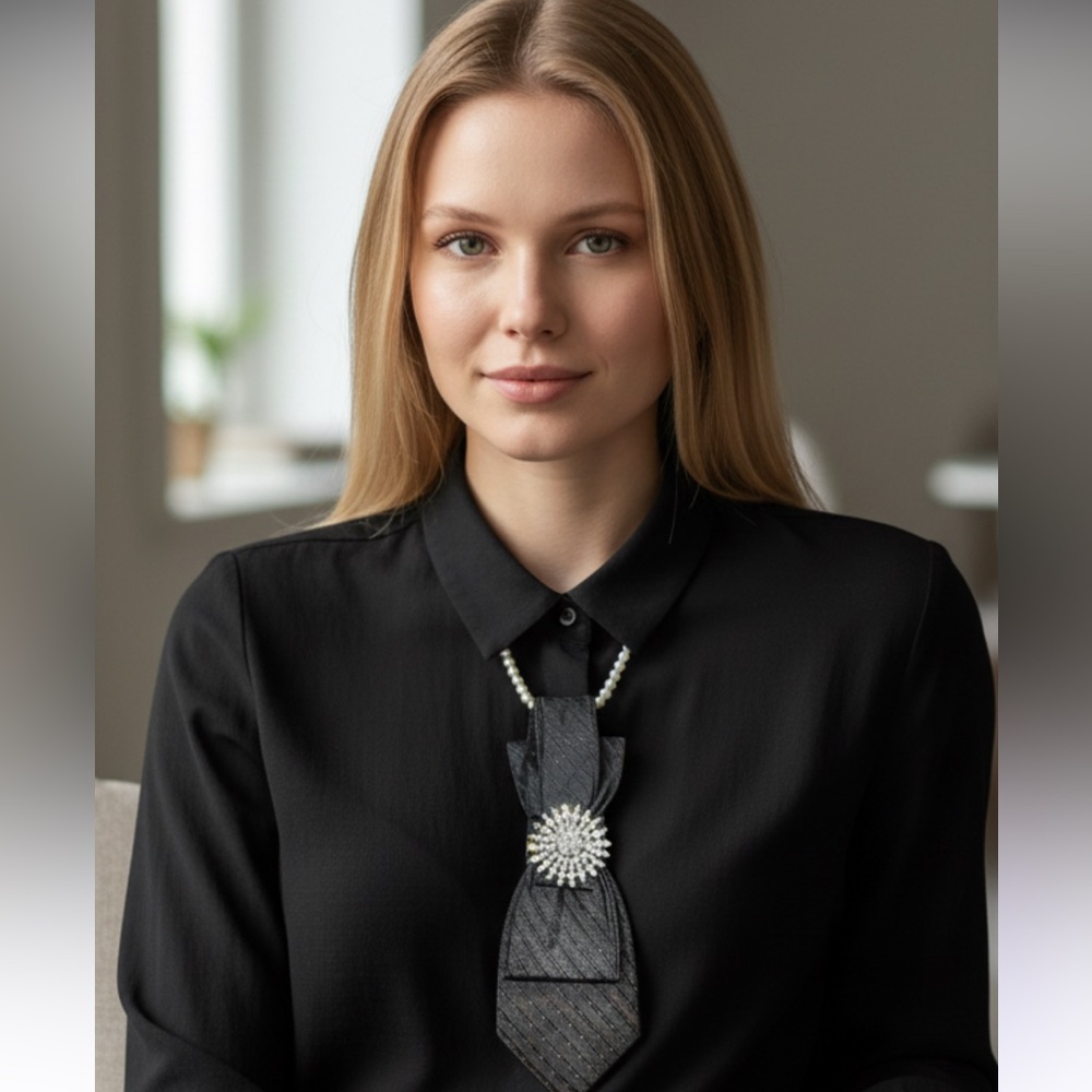 “Dainty Dapper”Elegant charcoal gray Tie Necklace with brooch